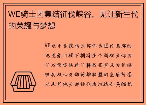 WE骑士团集结征伐峡谷，见证新生代的荣耀与梦想